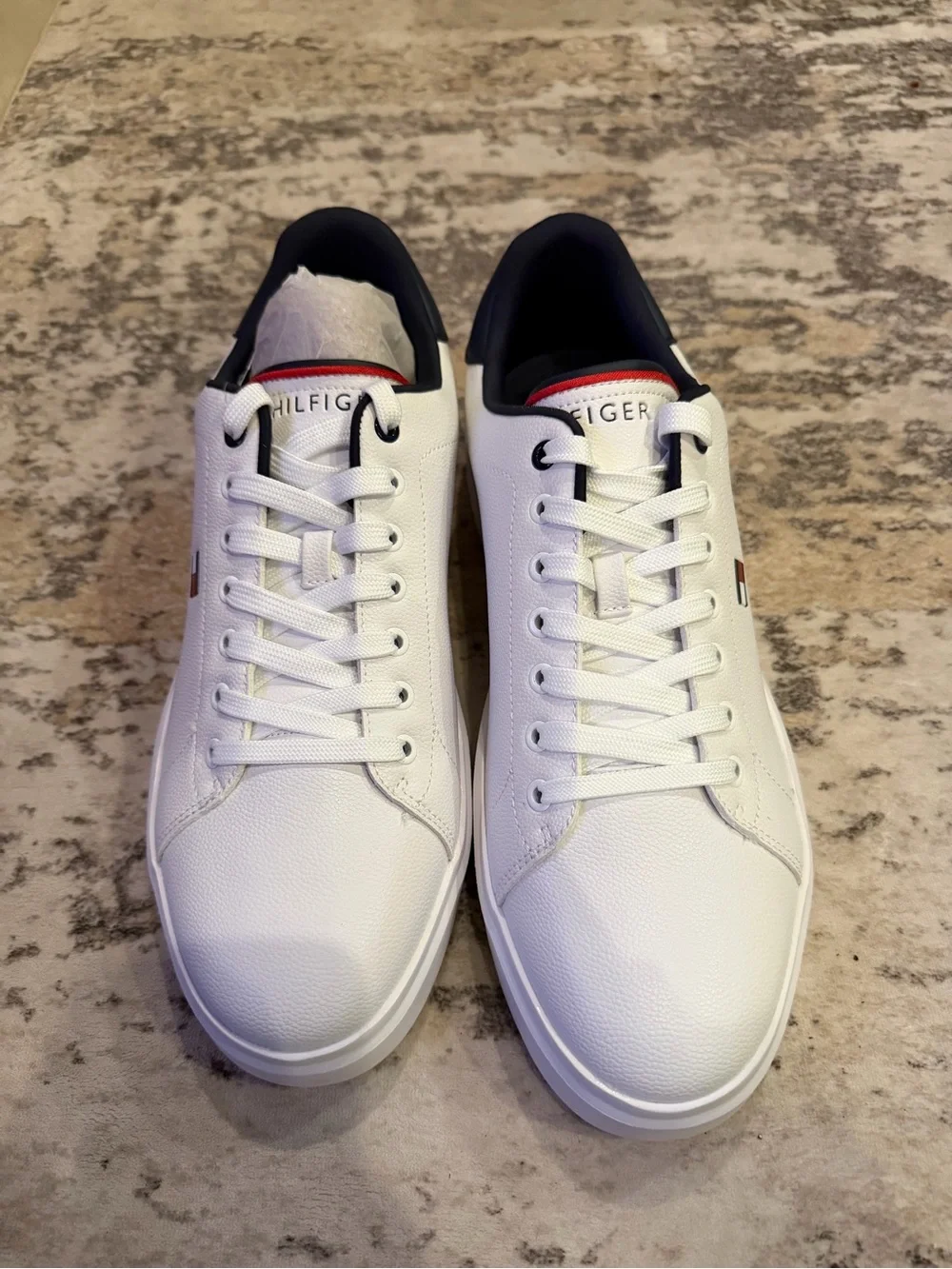 Tommy Hilfiger White Leather Sneakers with Navy and Red Accents